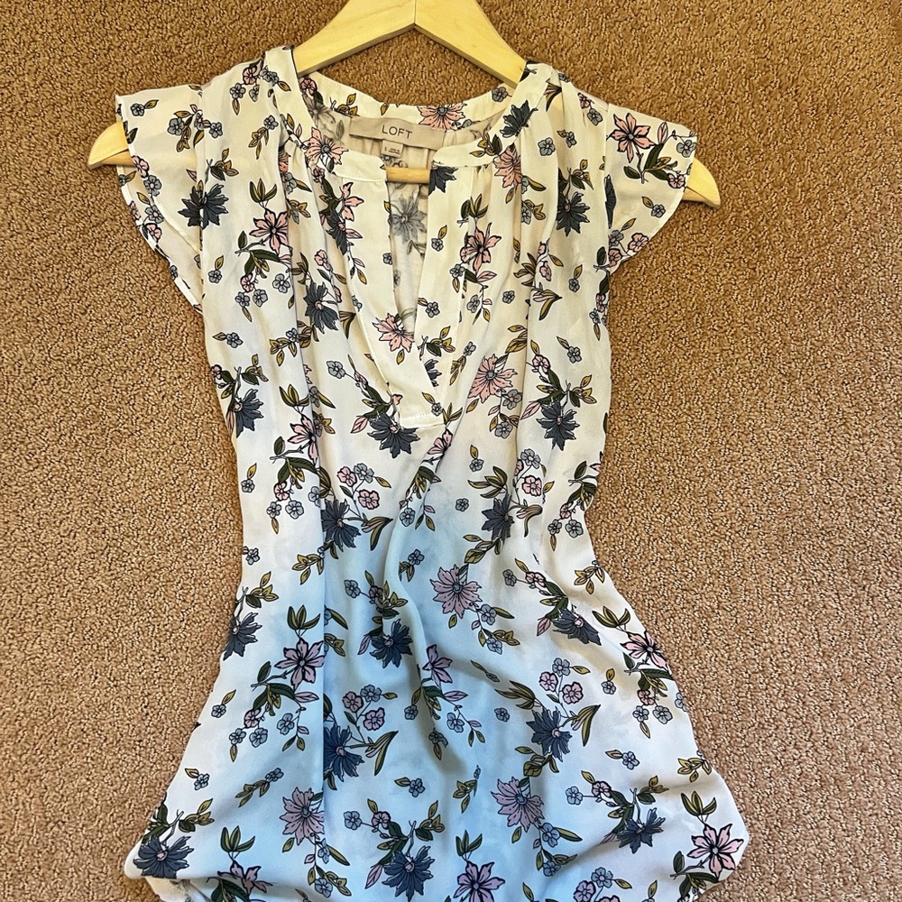 LOFT Floral V-Neck Top in Blue and Pink
